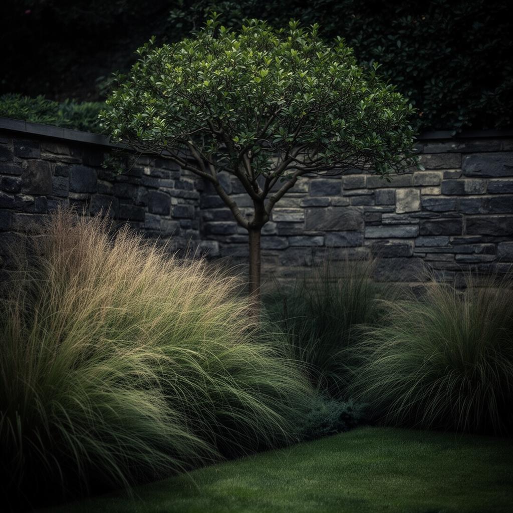 Moody garden corner with stone wall and ornamental grasses